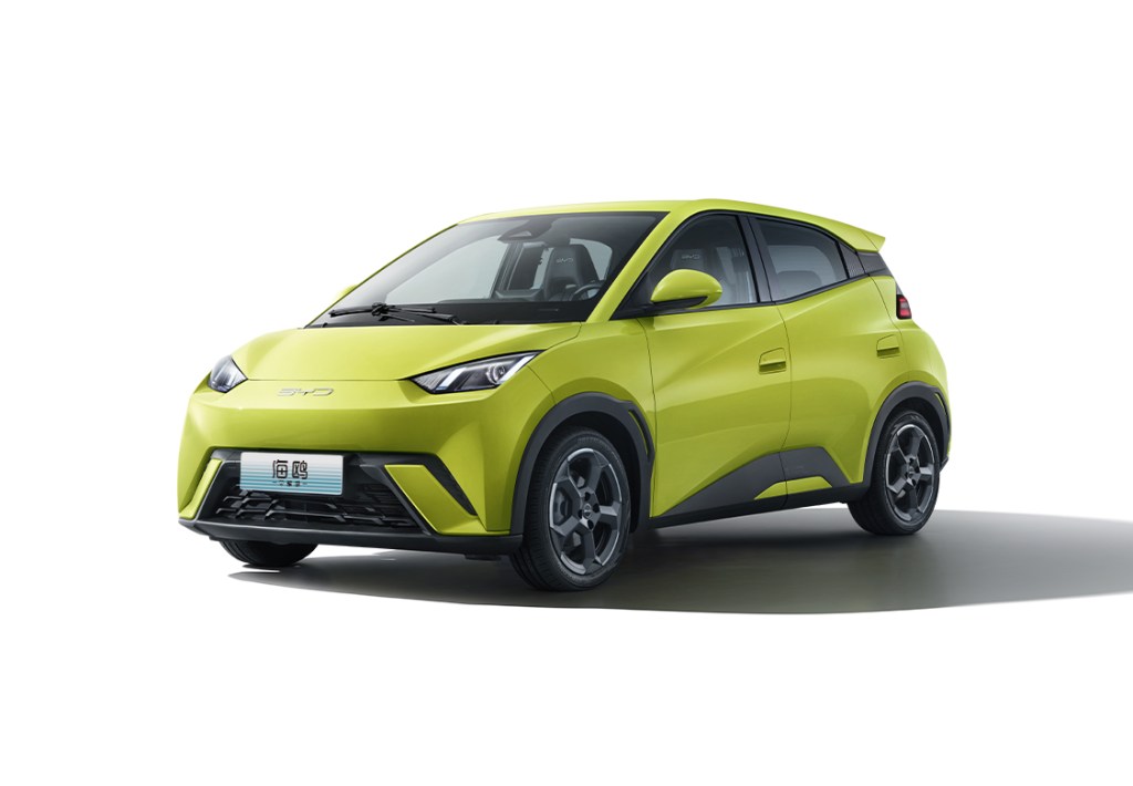 A vibrant green BYD Seagull electric vehicle showcased from a front angle, highlighting its compact design and modern features.