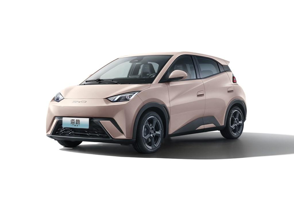 A BYD Seagull electric vehicle showcasing a modern design with sleek lines and a compact form, painted in a soft color.