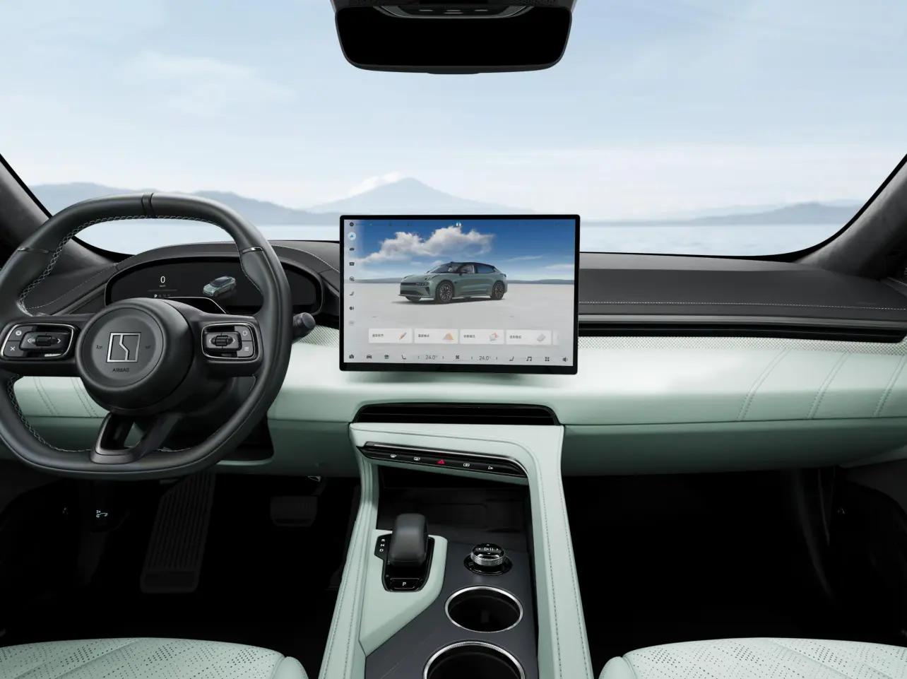 The sophisticated Green/black interior with a light dashboard: a cool and premium color palette. Shown from three detailed angles.