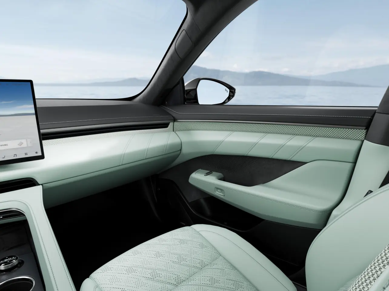 The sophisticated Green/black interior with a light dashboard: a cool and premium color palette. Shown from three detailed angles.