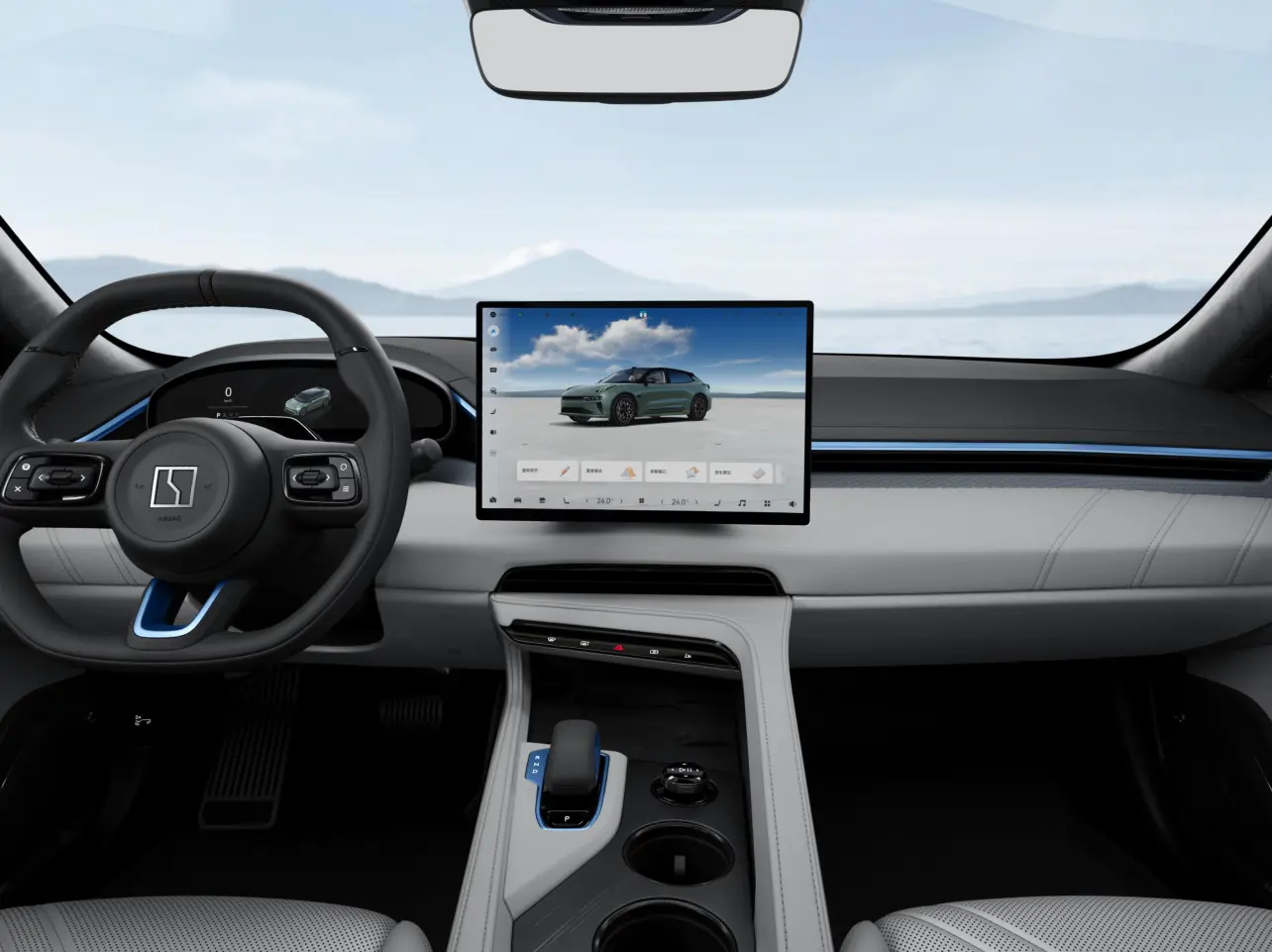 The modern Grayish/black/blue interior: a clean, technological aesthetic seen from front, side, and rear. Step into the future.