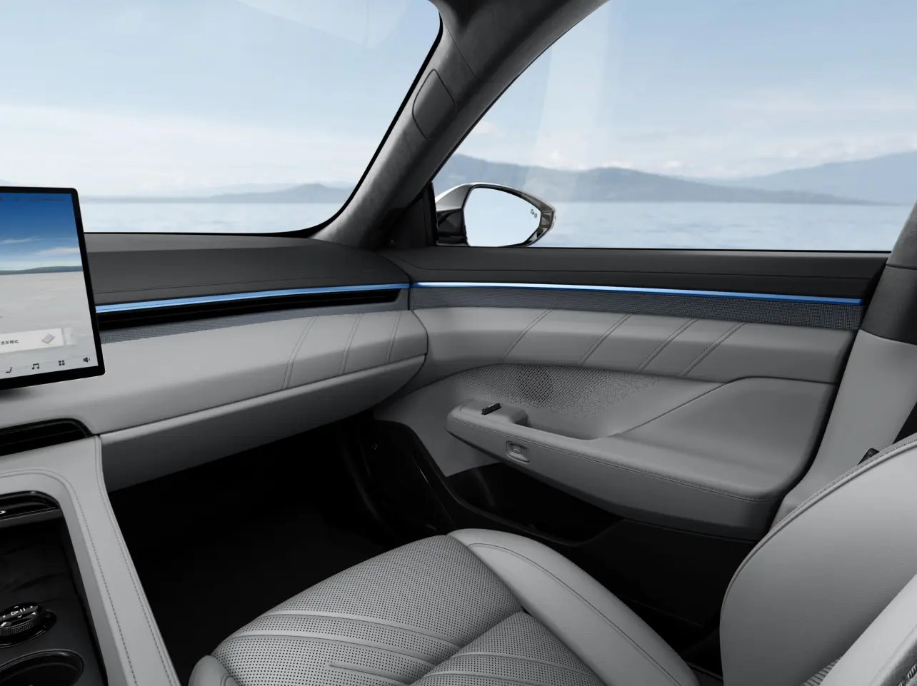 The modern Grayish/black/blue interior: a clean, technological aesthetic seen from front, side, and rear. Step into the future.