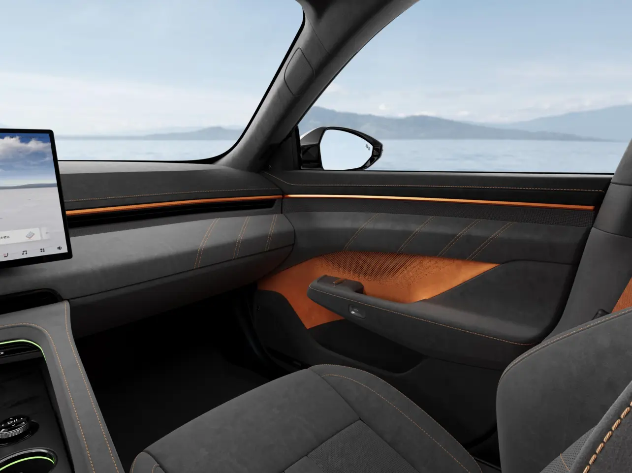 The bold Black/orange interior: a dynamic, high-energy sport option, shown from three perspectives.