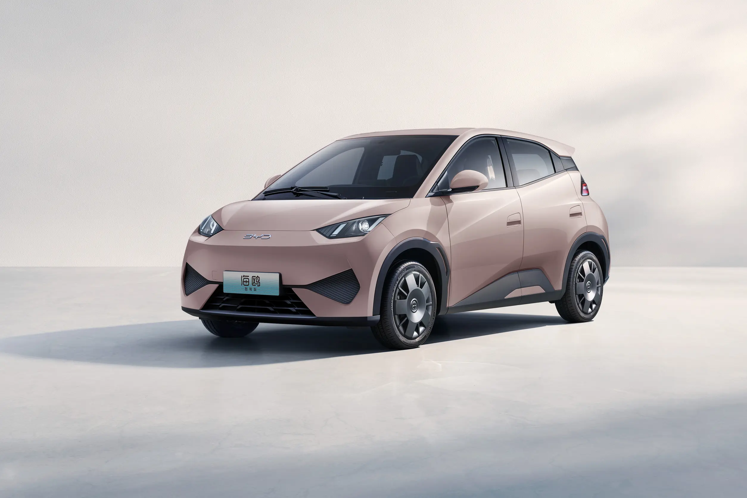 Pink BYD Seagull electric car displayed in a minimalist studio setting, showcasing its modern design and compact size.