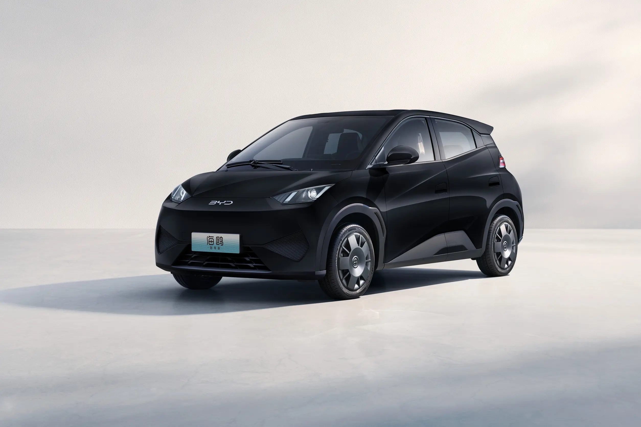 A black BYD Seagull EV parked on a smooth surface, showcasing its compact design and sleek lines.