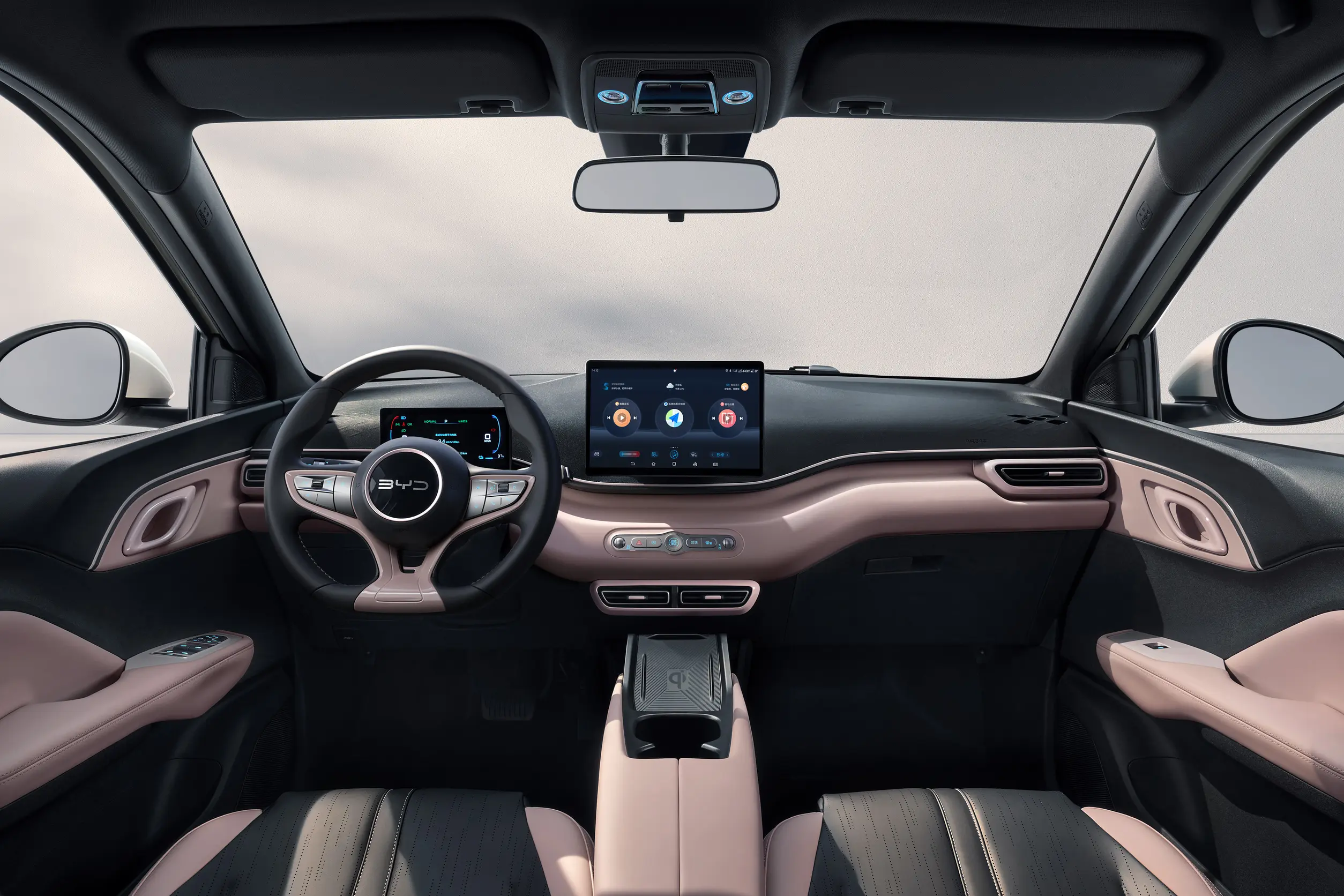 Interior view of the BYD Seagull showcasing the dashboard, steering wheel, and infotainment screen.